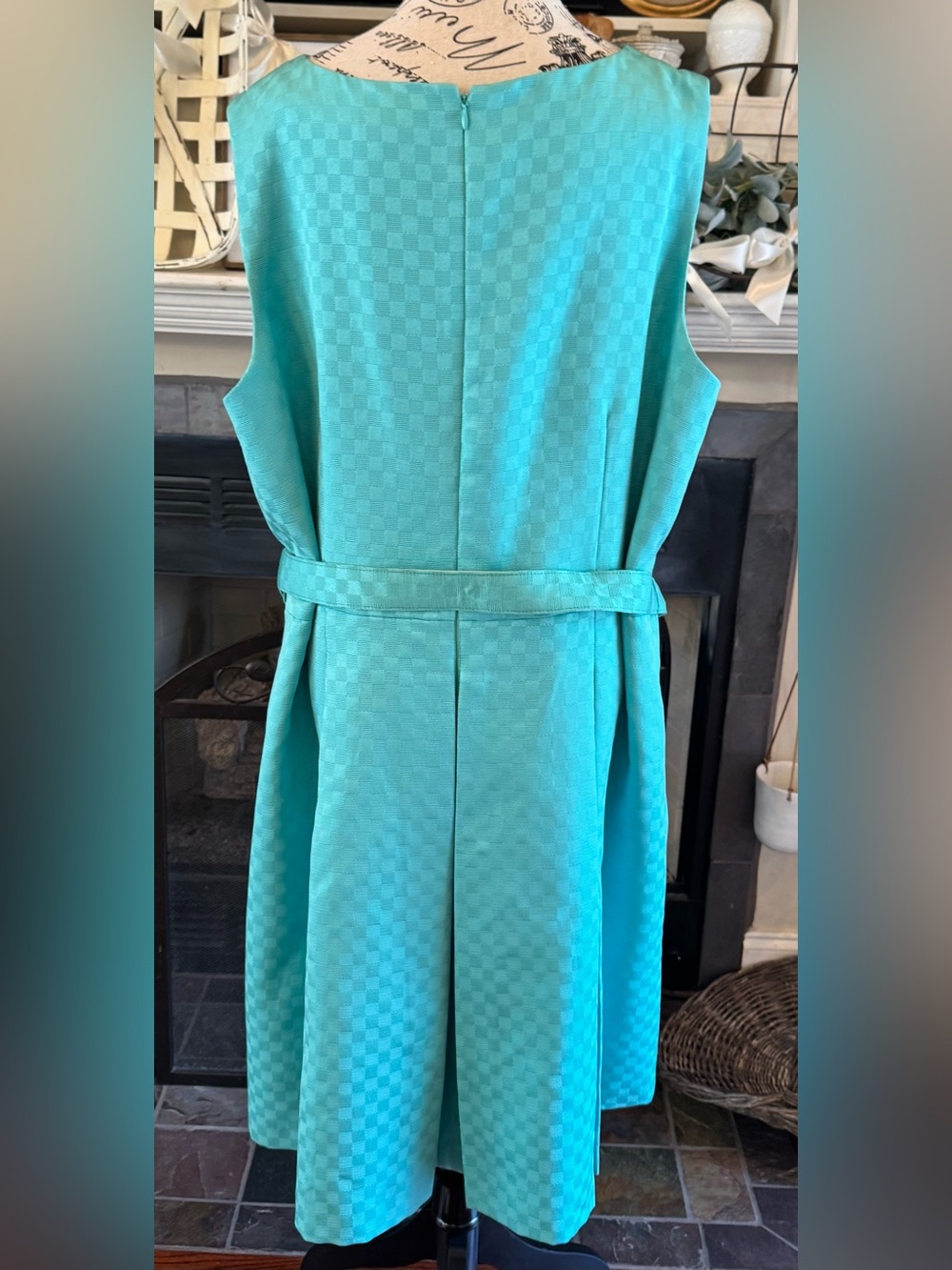 ASL Tahari Teal Aqua Blue Sleeveless Belted Pleated Fit Flare Cocktail Dress 20W - Picture 4 of 8